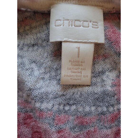 Chicos  Open Front Cardigan Size 1 Medium Red Black Floral Paisley Boho Chic - Picture 3 of 8